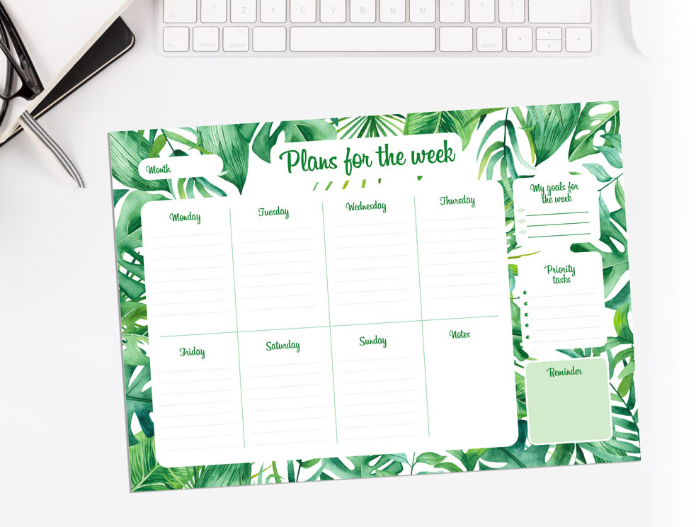 Magnetic Fridge Planner Weekly Design with pretty green leaves